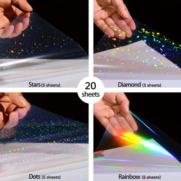 20 Sheets Holographic PVC Sticker Paper, A4 Mixed Patterns (Rainbow, Broken Glass, Stars, Dots), Self-Adhesive Cold Lamination