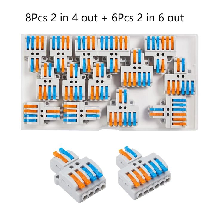 14pcs Electrical Wire Compact Quick Connect Connectors, Lever Wire Nut Connector Terminal Assortment for 28-12 AWG, 2 in 4 Out