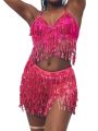 Belly Dance Top Bra Belt Set Latin Sequin Fringe Halter Hip Skirt Party Costume 4 Layer Tassel Stage Performance Cloth Wear.