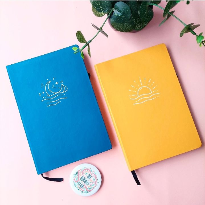 Moon or Sun Lined Journal Notebook Diary - Blue and Yellow A5 Hardcover Notebooks
