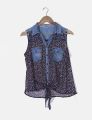 girl's denim chiffon front tie floral Top shirt blouse. 