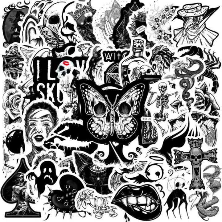 50-Pack Black White Punk Gothic Graffiti Stickers Waterproof Luggage ...