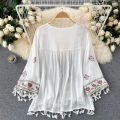 Summer Women's Shirt Bohemian Holiday Style Embroidered Tassel Chiffon Cardigan New Waist Female Slim Short Tops.