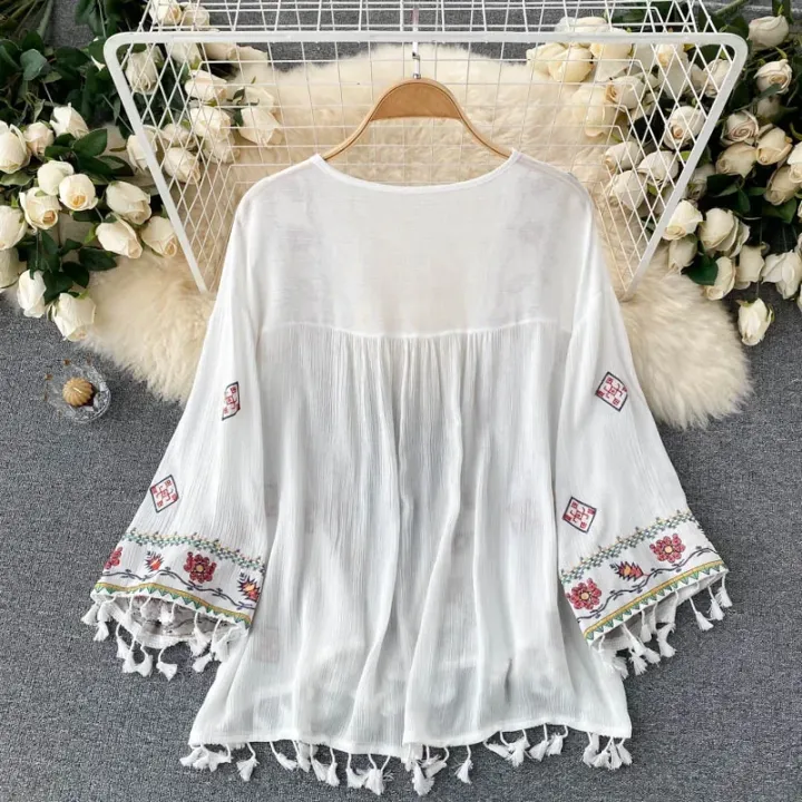Summer%20Women's%20Shirt%20Bohemian%20Holiday%20Style%20Embroidered%20Tassel%20Chiffon%20Cardigan%20New%20Waist%20Female%20Slim%20Short%20Tops%20-%20Image%203