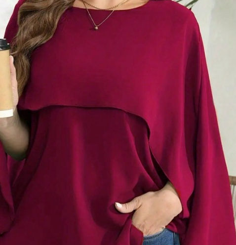 Plus%20Size%20Women%E2%80%99s%20Solid%20Layered%20Mesh%20Batwing%20Sleeve%20Round%20Neck%20Shirt%20Top%20Women%20Fashion%20and%20Comfort%20Cloak%20Top%20Clothing%20-%20Image%204