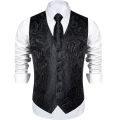 Men's Black Solid Paisley Suit Vest with Necktie Bow Tie Handkerchief Cufflinks Formal Waistcoat for Wedding Prom Tuxedo.