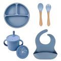 Food Grade Silicone Child Dish Set Baby Feeding Bowl Suction Plate Straw Cup Wooden Spoon Fork for Kids Tableware Toddler Dishes. 
