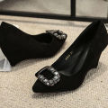 Slope Heel Fashion Shoes Women Spring New Water Diamond Pointed Shallow Mouth Soft High Heels Women Black Retro Footwear 43.