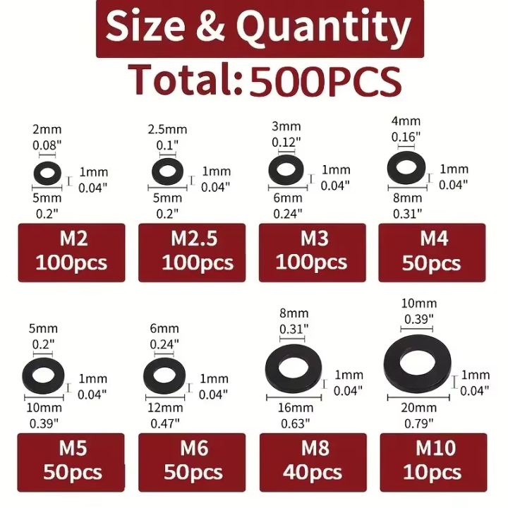 500%20Pcs%20Mixed%20Sizes%20M2-M10%20Black%20&%20White%20Nylon%20Flat%20Washers%20Insulating%20Gaskets%20for%20Screws%20And%20Bolts%20Kit%20-%20Image%204