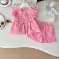 New Korean Style Girls' Summer Pink Cotton Suit Baby Hollow Small Flying Sleeve Top + Shorts Two-Piece Sweet Baby Girl Suit. 