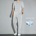 New Ice Silk Sports Set Men's Summer Thin Tracksuit Men 2024 Casual Long Pants Short Sleeve T-shirt Quick Drying Clothes Sets.