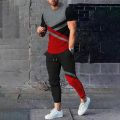 Summer Men's Fashion Gradient Splicing Printed Soft and Breathable Round Neck T-shirt Pants Set Outdoor Casual Clothing.