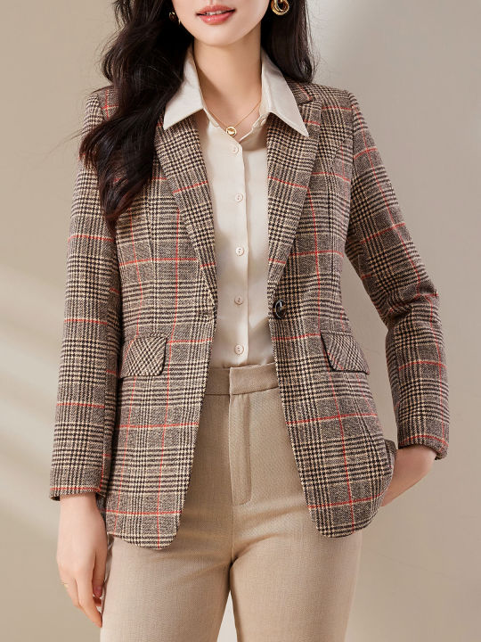 Wool Peak Lapel Tartan Single-Button Slim-Fit Blazer - Commuter Professional High-End Stylish Elegant Designed Suit Jacket