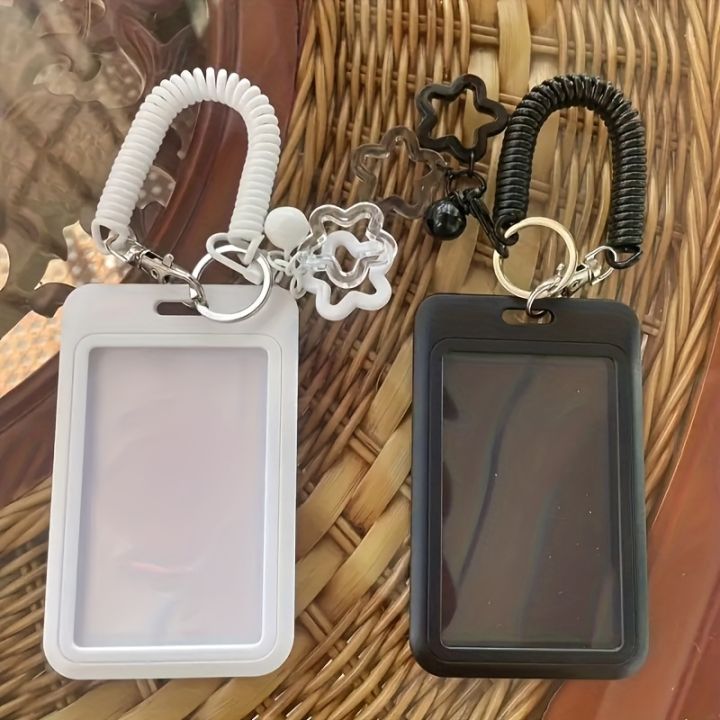 Retractable Card Holder Keychain Star Pendant Cute Cartoon Pattern Durable Plastic Metal Clip Open Ring Compact Functional