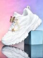 Women's Thick-Soled 5cm Height-Increasing Dad Shoes, Y2K Sweet-Cool Style, with Detachable Gold Butterfly Pearl Chain Decoration, Mesh Breathable Eva Irregular Sole, White Casual Sneakers, Trendy for Everyday Wear, Unique Design, Sweet Girl Style, Vers....