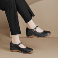 2026 Spring Women’s Mom Shoes–Soft Sole Non‑Tiring Shallow Pumps, Thick Platform Casual Leather with One‑Buckle, Wedge Heel.