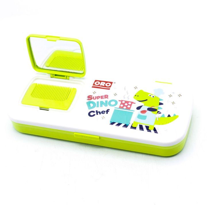 "Oro La Bello Fancy Geometry Box for Kids with Built-In Mirror and Comb - Multifunctional Stationery Storage Box in Cartoon Characters, Double-Sided Plastic Oro Geometry Box for School Students"