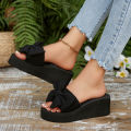 Summer Women's Thick Soled High Heels Slippers New Seaside Fashion Bow Wedge Black Beach Sandals. 