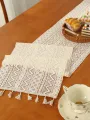 Beige Table Runner Lace Cotton Blended Fabric with Tassel For Coffee Table Decor Wedding Decoration.
