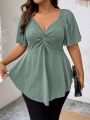 Plus Size Elegant Summer T Shirt for Women Casual Office Lady Solid Curve Clothing Loose V Neck Tops. 