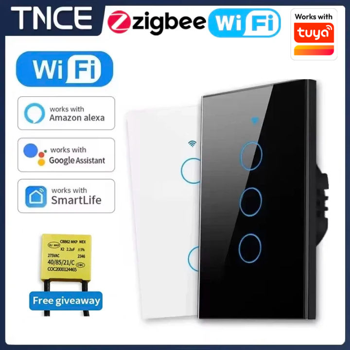 TNCE Tuya US WiFi or zigbee Smart Wall Switch 1/2/3/4 Gang Wire Touch Sensor LED Light Switches Smart Home Alexa  Home