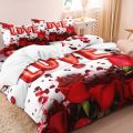 3Pcs Romantic Love Letter Red Rose Flower Pattern Bedding Set Included 1 Duvet Cover & 2 Pillowcases For Home Dorm Hotel Decor. 