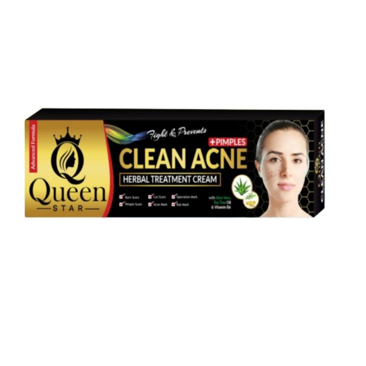 Clean Acne Herbal Treatment Cream by Queen Star is a herbal-based cream that claims to treat acne, reduce inflammation, and improve skin texture. It is made with a variety of herbal ingredients, including: