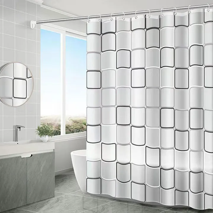 PEVA%20Waterproof%20Shower%20Curtain,Modern%20Bathroom%20Partition%20Curtain%20with%20Hooks,Geometric%20Plaid%20Pattern/Single%20Color%20Bath%20Curtains%20-%20Image%204