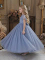 Tween Girl Grey Blue Wedding Flower Girl Dress with Removable Butterfly Knot Decorative Belt, Small Shawl with Floral Embroidery. 
