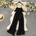 Vacation Loose Jumpsuit Strap Backless Thin Romper Streetwear Women INS One-Piece Outfit Beach Style Pleated Bodysuits.