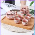 Teapot + 6 Cup Set Dorm Office Tea Set Small Pink Flowers Painted. 
