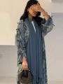 Middle Eastern Women cardigan Loose Tie Dye Abayas Casual Kaftan Arabian Maxi Dress Full Sleeve Open Front Jilbabs Without Hajib.