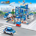 City police station building block group boy DIY car brick police station model building children's educational toy .