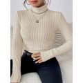Plus Size 1XL-5XL Women's Slim Fit Ribbed Knit Turtleneck Knitted Sweater Long Sleeve Light Gray Elegant Versatile Pullover Top.