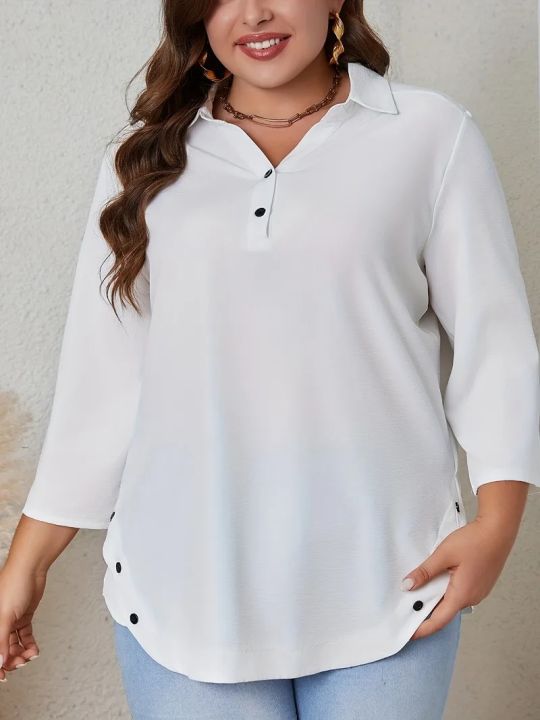 Women's%20Plus%20Size%20Casual%20Long%20Sleeve%20Button%20Loose%20Shirt%20Ladies%20Comfortable%20Solid%20V%20Neck%20Blouse%20-%20Image%204