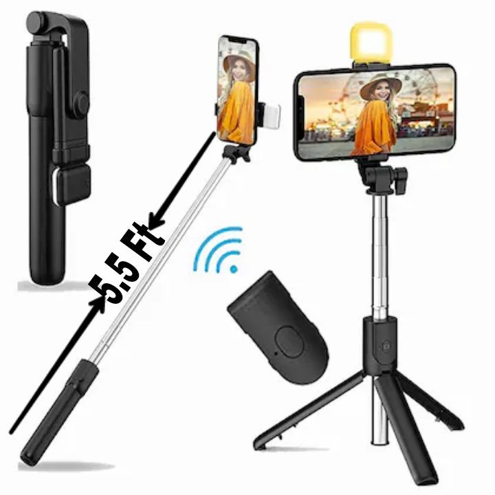 5.5 Feet Long Bluetooth Selfie Stick with Tripod and Light 4-in-1 Adjustable Monopod