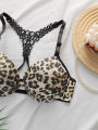 Women's  lingerie set with front buckle leopard print lace crossed back with steel ring gathered push up bra set A3159. 