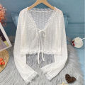 Sheer Lace Cardigan with Lace Trim Tie Front Long Sleeve Crop Top Women Textured Shrug Spring Summer 2026 Shrunken Cardigan.