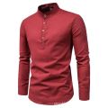 Men's solid color casual slim fitting standing collar long sleeved business shirt shirt. 