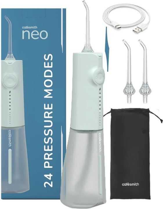 Caresmith Neo Cordless Oral Flosser | 24 Pressure Settings with 5 Modes & 6 Intensities |300 ml Large Detachable Water Tank | Power Flosser for teeth | IPX7 Waterproof | 2 Jet Tips Provided (Green)