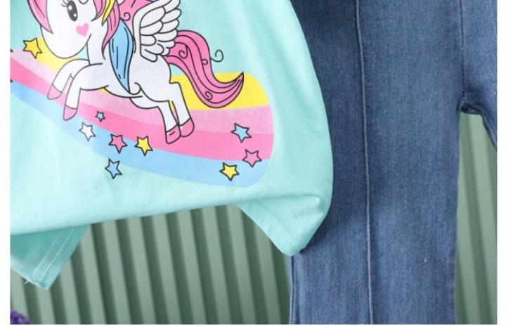 2024%20New%20Children's%20Set%20Girls'%20Summer%20Cartoon%20Printed%20Short%20Sleeve+Cowboy%20Pants%20Infant%20Fashion%20Set%200-4%20Years%20Old%20-%20Image%206