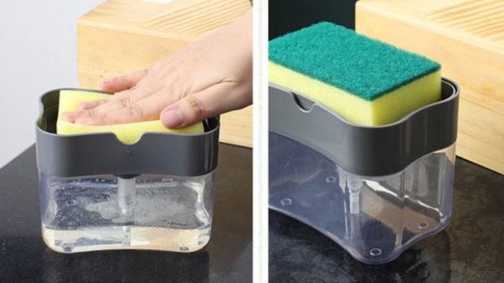 ANZEH.PK 2-in-1 Dish Soap Dispenser with Sponge Holder – Liquid Detergent Dispenser for Sink, Soap Dispenser with Built-in Sponge Caddy, Compact Kitchen Soap Pump Organizer and Countertop Sink Organizer for Dishwashing