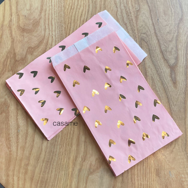 100pcs Pink Paper Bags with Gold Foil Hearts for Gifts Food Birthday Party Decorations Kids Candy Cookies Paper Bags Stickers