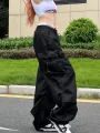 Y2K Parachute Black Pants Women Hippie Streetwear Oversize Pockets Cargo Trousers Harajuku Wide Leg Baggy Sweatpants. 