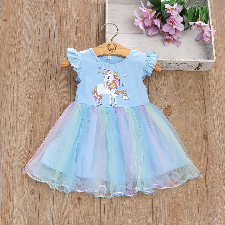 Girls'%20New%20Summer%20Little%20Flying%20Sleeve%20Cartoon%20Print%20Dress%20with%20Children's%20Patchwork%20Gradient%20Mesh%20Pengpeng%20Princess%20Dress%20-%20Image%203
