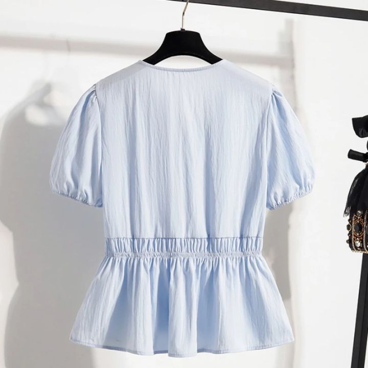 Summer%202026%20French%20Style%20Sweet%20Lace%20Border%20Thin%20Top%20Plus%20Size%20Women's%20Shirts%20Waist%20Cinched%20Short%20Sleeved%20Doll%20Shirt%20Casual%20Tops%20-%20Image%205