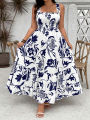Plus Size 2025 Summer New Holiday Floral Halter Dress with Ruffle Hem and Gathered Bust Plus Size Dress Polyester. 