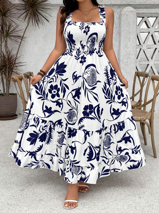 Plus%20Size%202025%20Summer%20New%20Holiday%20Floral%20Halter%20Dress%20with%20Ruffle%20Hem%20and%20Gathered%20Bust%20Plus%20Size%20Dress%20Polyester%20-%20Image%202
