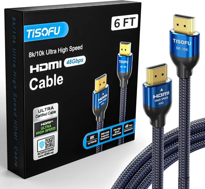 HDMI cable Ultra Certified 10K 8K HDMI Cable 6FT: HDMI 2.1 Cables 48Gbps High Speed Premium Braided Cord 8K@60Hz 4K@120Hz 4K@144Hz HDCP 2.2&2.3 CL3 ARC eARC for HD/HDR/HDTV