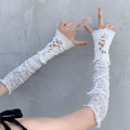 Women Lolita Jk Lace Fingerless Gloves Black Gothic DIY Strapping Sunscreen Sleeve Clothing Accessories Elastic Mesh Punk Gloves.